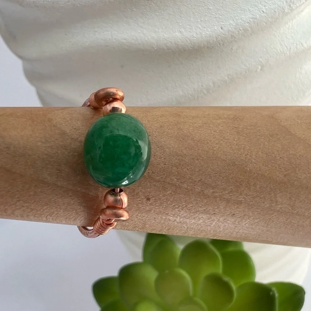 Green Chalcedony Wire Wrapped Copper Ring